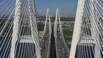 Aerial view of cable-stayed bridge with cars in St.Petersburg