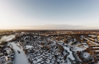 Aerial drone view on beautiful winter sunset in Berlin