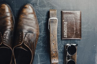 Flat lay of shoes, belt, passport, and sunglasses arranged on a dark scratched surface