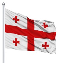 Flag of Georgia with flagpole waving in the wind against white background