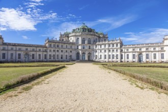 Stupinigi, Italy, 19 August 2022: Stupinigi royal palace exterior, Italy travel destination, blue