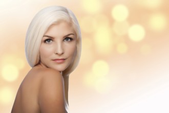 Beautiful face of young woman for Aesthetics facial skincare concept looking over shoulder, on