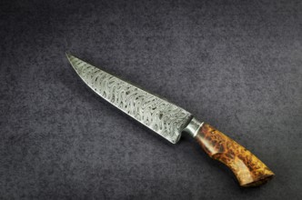 Beautiful luxurious utility knife in Texas Wind damask pattern with noble wood handle on dark
