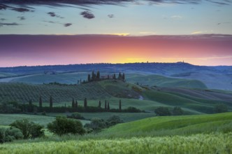 Tuscany landscape at sunrise with farm house and hills, Italy, Europe