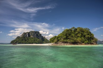 Tropical islands view with ocean blue sea water and white sand beach at Thale Waek (Separated Sea),