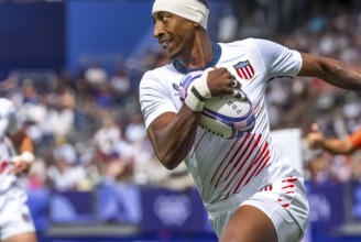 Jul 25, 2024-Paris, FRA, Men?s Pool B Rugby Seven: Team United States back Perry Baker (11) (USA)