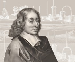 Portrait of Blaise Pascal with a page of Traitez de l'equilibre des liqueurs, et de la pesanteur de