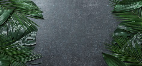 Palm leaves on dark blue background. Tropical leaves top view or flat lay. Copy space for text or
