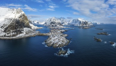 Reine Village and Mountains in Winter. Olstinden Peak. Moskenes, Lofoten Islands. Landscape of