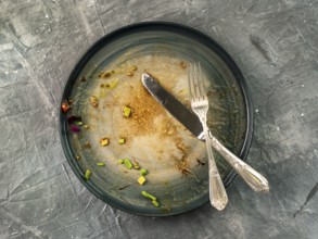 Dirty dish and silverware cutlery on gray background, top view or flat lay. Empty dirty craft plate