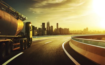 LKW auf der Straße mit Bewegung verschwimmen mit Stadt Skyline Hintergrund . Sunset Szene
