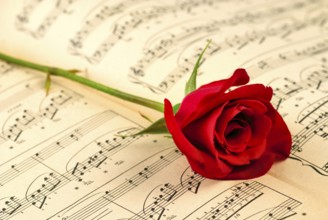 ?usical notes and red rose. Selecrive focus, shallow deep of field