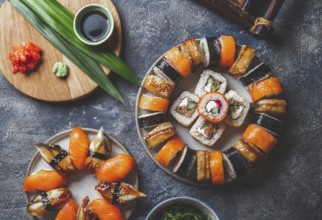 Food, Food, Sushi and rolls sets. Japonese food. top view