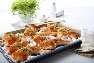 Prepared chicken legs with various vegetables and herbs