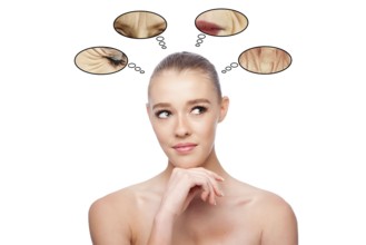 Beautiful clean face of woman looking to side thinking about aging and wrinkles, aesthetics