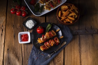 Marinated kebabs with meat and vegetables
