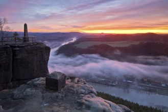 Morning fog and twilight over the Elbe valley at Lilienstein, Saxon Switzerland National Park,