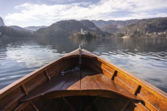 Wooden rent boat on a Bled lake, famous tourist destination in Slovenia