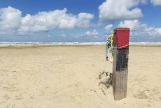 Wooden pole at the beach of Dutch wadden island Terschelling