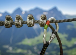 A Climbing Carabiner In The Foreground Of The Scenic Swiss Alps