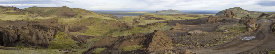 Moss-covered volcanic mountain landscape, panoramic shot, Pakgil, Iceland, Europe