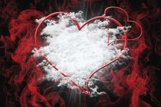 Hearts and White Fluffy Clouds With Red Smoke. Valentine's Day Concept Background 3D Illustration