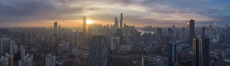 Shanghai Skyline at Sunrise. Panoramic Aerial View