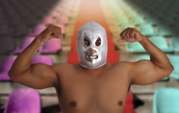 Mexican wrestling mask silver fighter gesture stadium bleachers seats