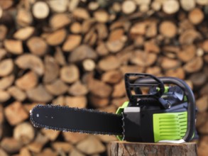 Electric Cordless battery powered chainsaw in front of stacked firewood in the background