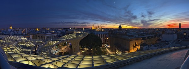 Sunset view on Sevilla from Setas de Sevilla, an architectural monument with viewing platform. The