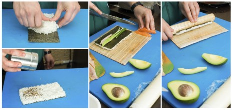 Making sushi. Blue base background