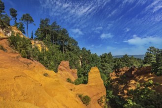 Multi-colored ocher outcrops - from yellow to orange-red. Green trees create a beautiful contrast