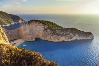 The magical island of Zakynthos on the Mediterranean. The cove with a small sandy beach. The sky