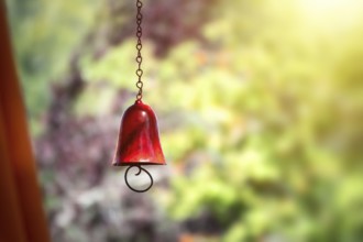 An image of a red color bell in the garden with bokeh background