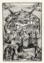 The Island Utopia, 1516, woodcut by Ambrosius Holbein