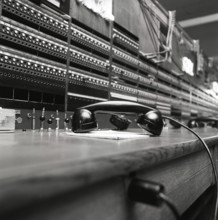 Telephony in the 1970s. Interior from an empty room with a large switchboard visible. Technology of