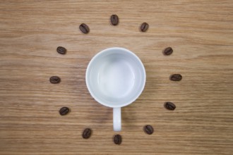 Coffee Time - Empty coffee cup and clock of coffee beans