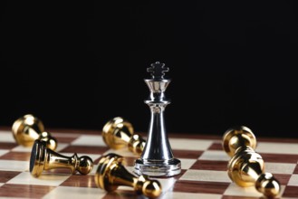 Silver king chess defeats gold pawns on wooden chessboard. Intellectual duel and tactical battle in