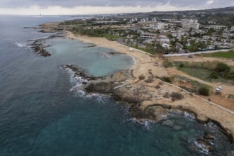 Drone aerial coastline of touristic village of Ayia Napa in cyprus, Ideal place for summer holidays