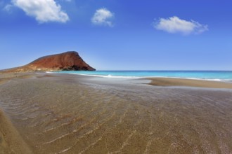 Beach Playa de la Tejita turquoise in Tenerife Canary islands with red mountain
