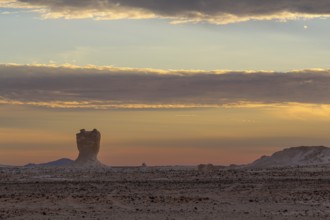 Sunset in the Libyan desert, white desert, limestone formations in the front, Farafra, Egypt,