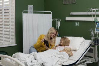 A touching and caring moment shared between a devoted mother and her beloved child within a