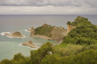 View of Cape Drastis, rock formation, limestone rock, rock, fan palm, spring, Peroulades,