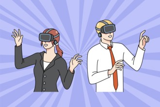 Diverse businesspeople in VR glasses explore new reality surroundings. Man and woman employees in