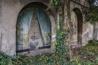 Painted wooden panels, gravestones, cemetery wall of the Waasenkirche, Leoben, Styria, Austria,