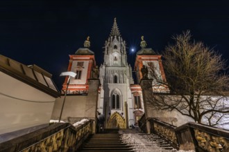 Full moon over the basilica of Mariazell, night shot, main square, Mariazell, Upper Styria, Styria,