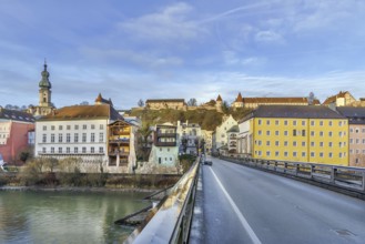 View of Burghausen from Salzach river bridge, Upper Bavaria, Germany, Europe