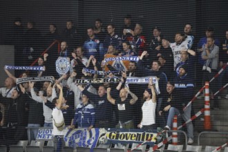 The travelling Ingolstadt fans celebrate the 6:3 victory in Schwenningen after the game of the DEL
