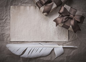Wrapped present boxes sheet of wrapping paper plume celebration concept