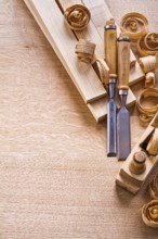 Organized copyspace carpentry chisels planks woodworkers plane on wooden board